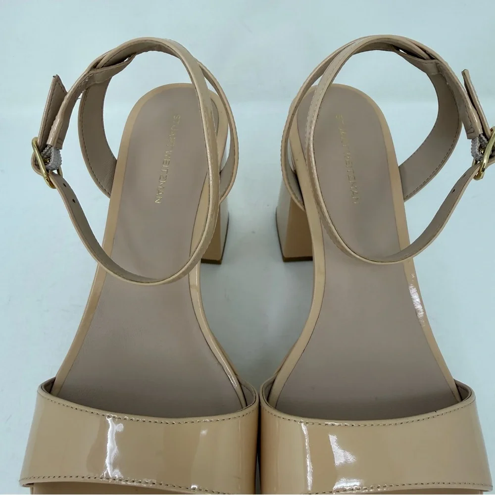 New Stuart Weitzman Gala Patent Leather Sandals Golden Beige Sz 9